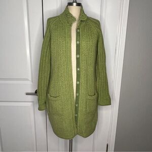 Sundance Long Button Front Chunky Knit Cardigan Green Size Small Petite Wool